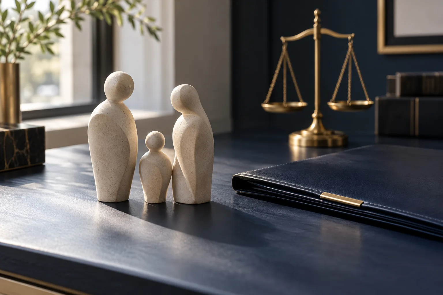Composição editorial com três figuras familiares, pasta jurídica e balança discreta.