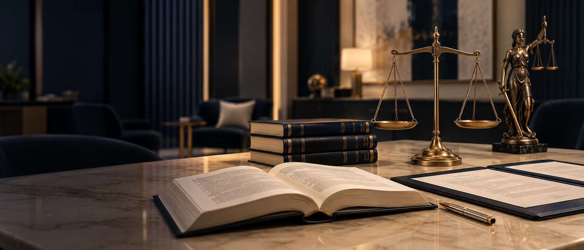 Ambiente de escritório em navy, com mesa de mármore, livros jurídicos, balança de bronze e escultura da Justiça.